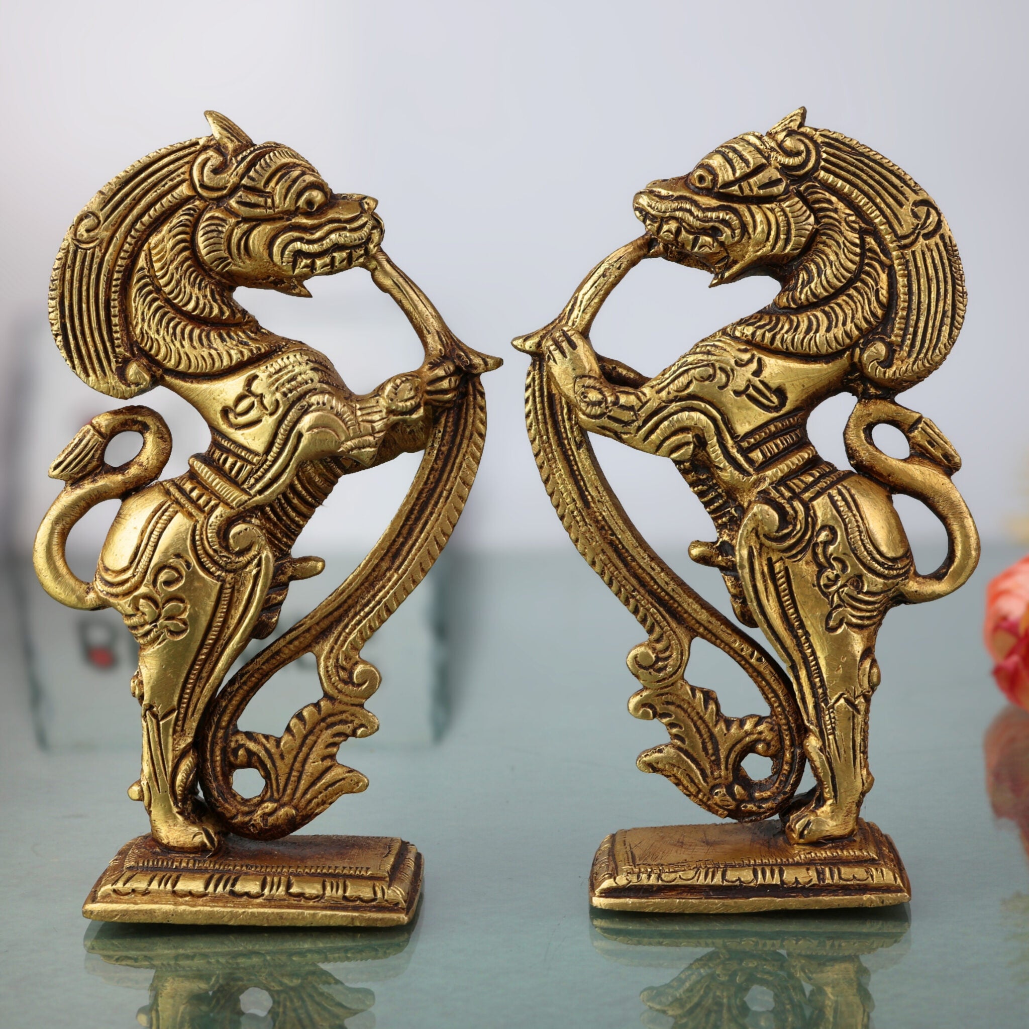 Brass Lion Scultpture | Lion Brass Statue | Lion Statues Showpieces | Bras Simha | Sher Ki Murti | India Temple Lions | Lion Statue | Set Of 2