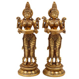 Brass Deepalakshmi Diya Set | Deepam Lady Lakshmi Idol | Deep Laxmi Brass Oil Lamp | Traditional Pital Deepam Figurine, Gold, 11.5 Inch, Set of 2