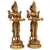 Brass Deepalakshmi Diya Set | Deepam Lady Lakshmi Idol | Deep Laxmi Brass Oil Lamp | Traditional Pital Deepam Figurine, Gold, 11.5 Inch, Set of 2