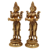 Brass Deepalakshmi Diya Set | Deepam Lady Lakshmi Idol | Deep Laxmi Brass Oil Lamp | Traditional Pital Deepam Figurine, Gold, 11.5 Inch, Set of 2