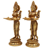 Brass Deepalakshmi Diya Set | Deepam Lady Lakshmi Idol | Deep Laxmi Brass Oil Lamp | Traditional Pital Deepam Figurine, Gold, 11.5 Inch, Set of 2