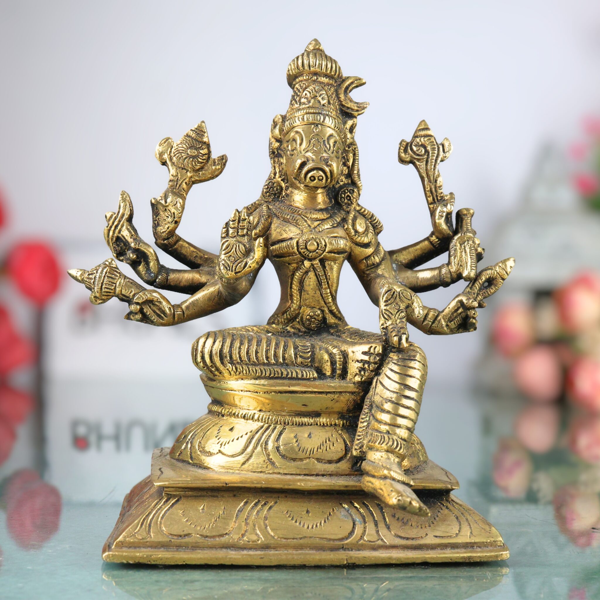 Brass Ashta Bhuja Varahi Amman Idol | Varahi Devi Mata Vigraha Moorti Statue for Pooja, Temple, Home Decor & Gifts