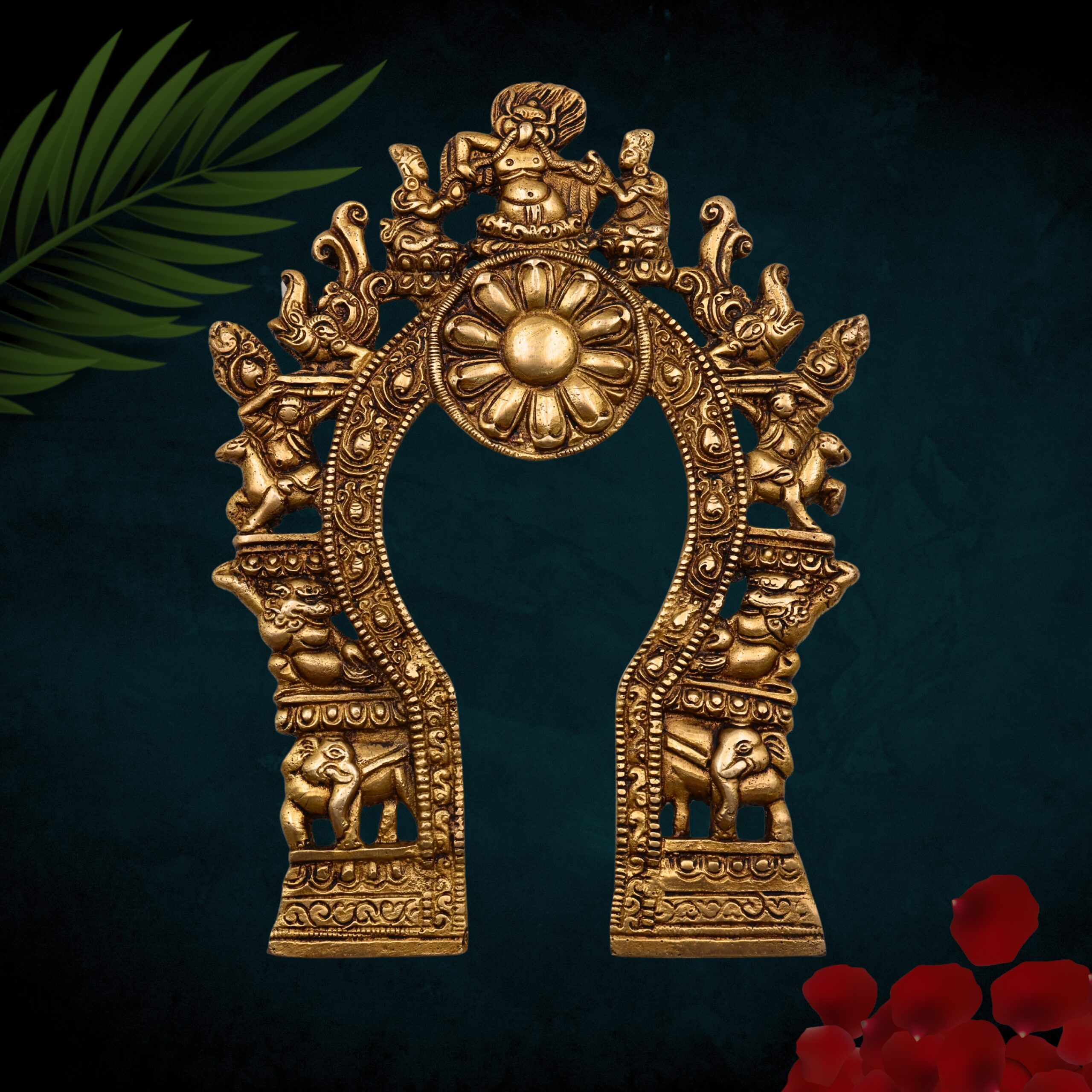 Brass Prabhavali with Yali, Elephant & Deities – Traditional Arch Frame Wall Hanging for Home Temple | Prabhawali Prabhaval for Murti Backdrop Decor