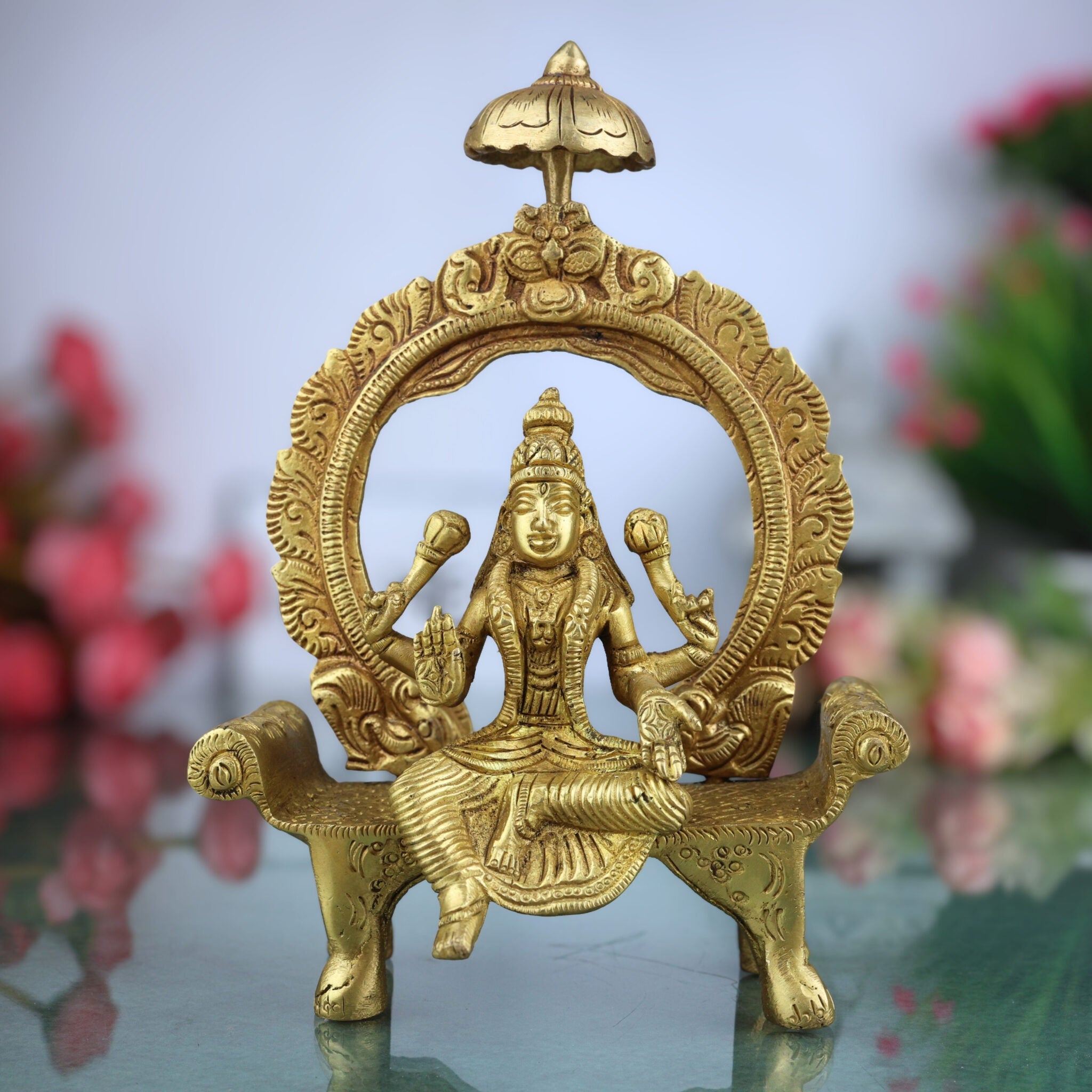 Brass Mahalakshmi Idol with Prabhavali | Shri Lakshmi Devi Murti for Pooja, Padmavati Laxmi Statue for Home Temple & Gifts