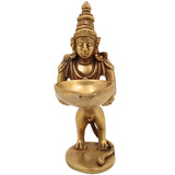 Brass Yali Lamp, Lion Holding Vilakku, Peetal Pital Pittal Deepam, Traditional South Indian Pooja Deepa, Gold, 8 Inch, 1 Piece