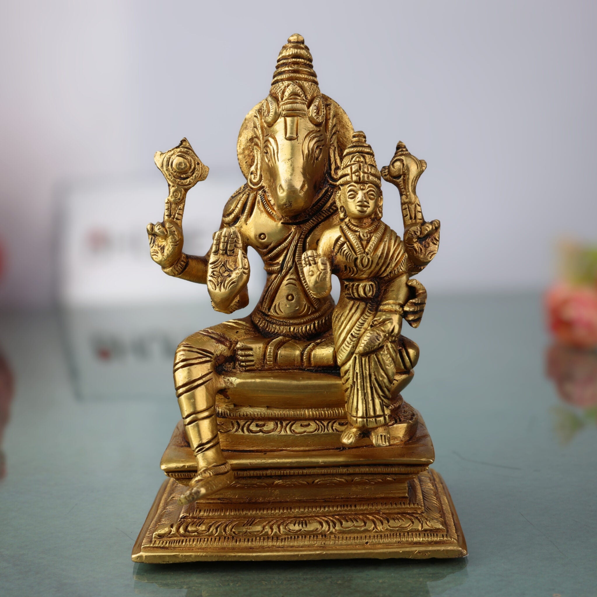 Brass Varaha Lakshmi Idol | Lakshmi Varaha Murti | Varaha Swamy with Lakshmi Statue | Pital Vigraham Moorti for Puja, Temple & Home Decor