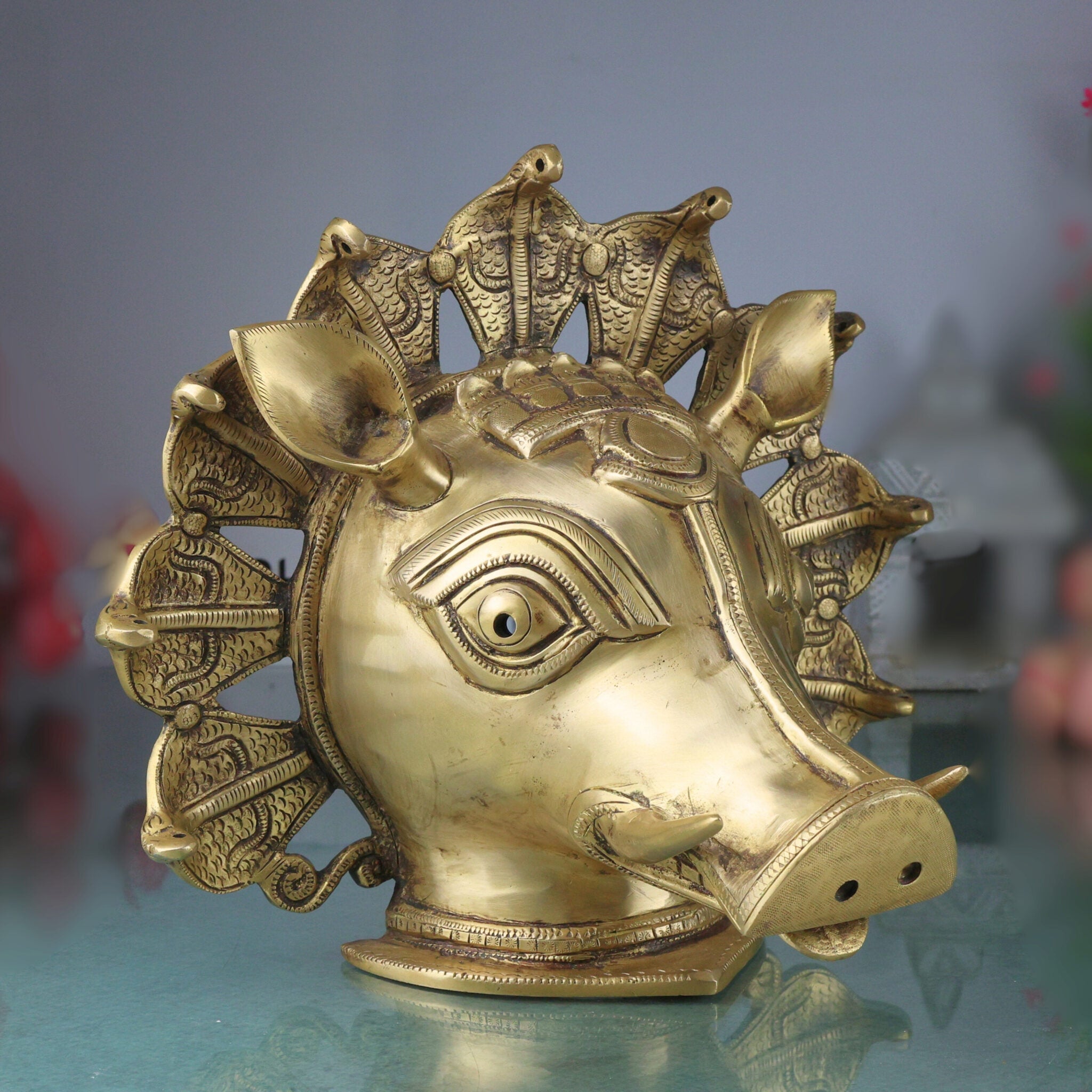 Brass Varaha Head Idol | Varahadev Murti Wall Hanging | Boar Avatar Vishnu Statue | Peetal Varaha Pratima for Home Temple Decor & Gifts