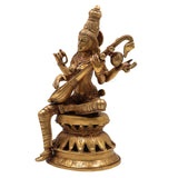 Brass Saraswati Idol Murti – Maa Sharada Vagdevi Statue, Veena Pustak Dharini Murti, Hindu Goddess of Knowledge, Wisdom & Learning, Handmade Home, Temple & Office Decor, Gold, 13 Inch, 1 Piece
