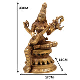 Brass Saraswati Idol Murti – Maa Sharada Vagdevi Statue, Veena Pustak Dharini Murti, Hindu Goddess of Knowledge, Wisdom & Learning, Handmade Home, Temple & Office Decor, Gold, 13 Inch, 1 Piece
