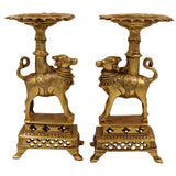 Brass Nandhi Stand Set of 2, Traditional Nandi Ox Deep Holder, Dhoop Dani, Diya & Candle Stand for Pooja Room, Temple Decor, Home Mandir, Yali Lion Pillar Style, Gold, 8.5 Inch, 1 Piece