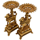 Brass Nandhi Stand Set of 2, Traditional Nandi Ox Deep Holder, Dhoop Dani, Diya & Candle Stand for Pooja Room, Temple Decor, Home Mandir, Yali Lion Pillar Style, Gold, 8.5 Inch, 1 Piece