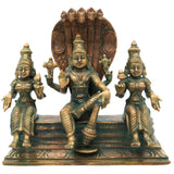 Handmade Bronze Vishnu with Sridevi Bhudevi Idol | Panchaloha Narayana Murti | Chola Art Perumal Statue,Brown, 7 Inch, 1 Piece