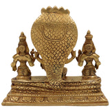 Brass Vishnu with Sridevi Bhudevi and Naga Idol | Vishnu Sridevi Bhudevi Murti | Narayana Venkateswara Brass Statue | Padmanabha Govinda Temple Murti | Home Pooja Decor, Gold, 6.5 Inch, 1 Piece