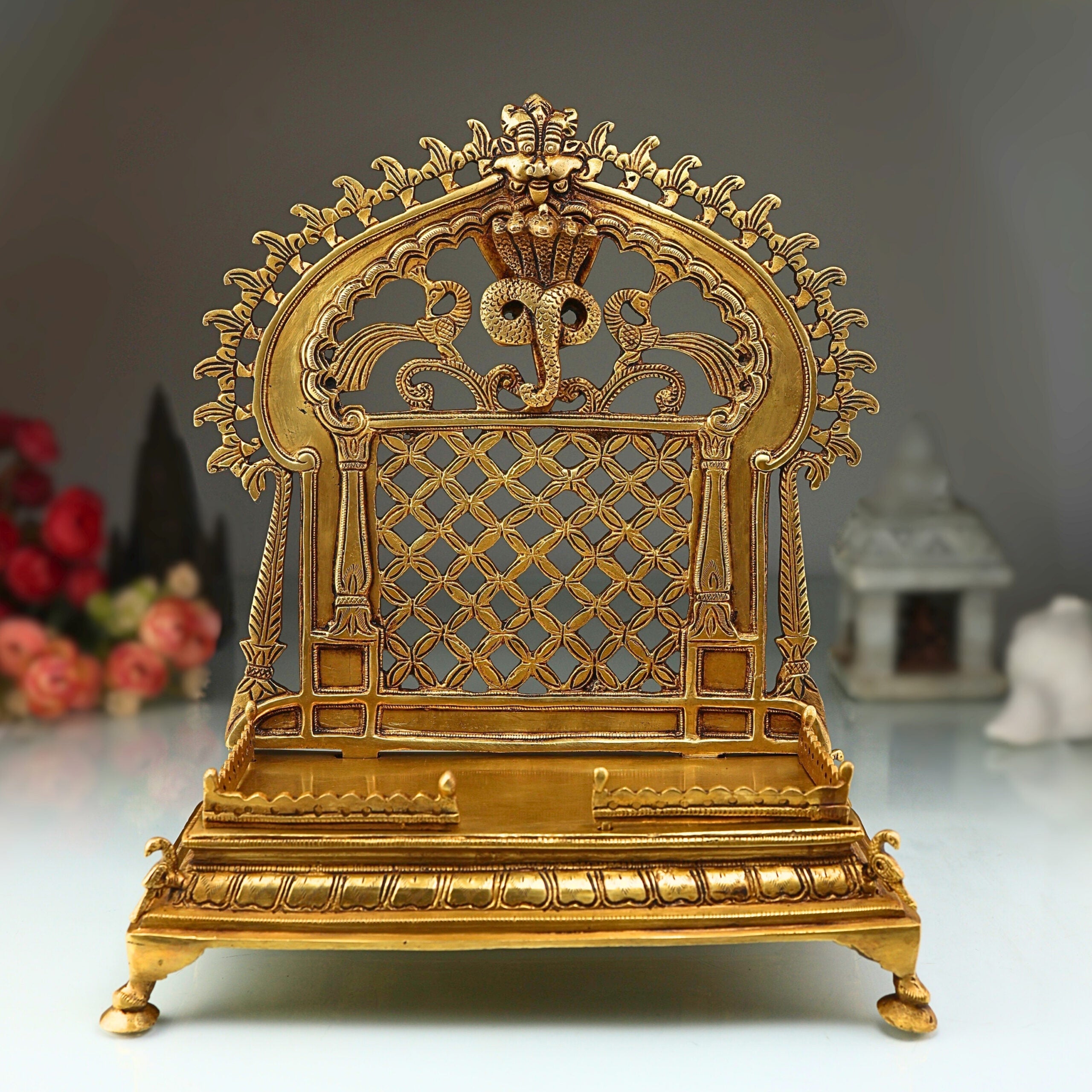 Brass Handcrafted Pooja Chowki with Prabhavali –