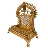 Brass Handcrafted Pooja Chowki with Prabhavali – Heavy Singhasan Peetha for Deity, Temple Bajot, Mandir Throne Stand, Gold, 14 Inch, 1 Piece