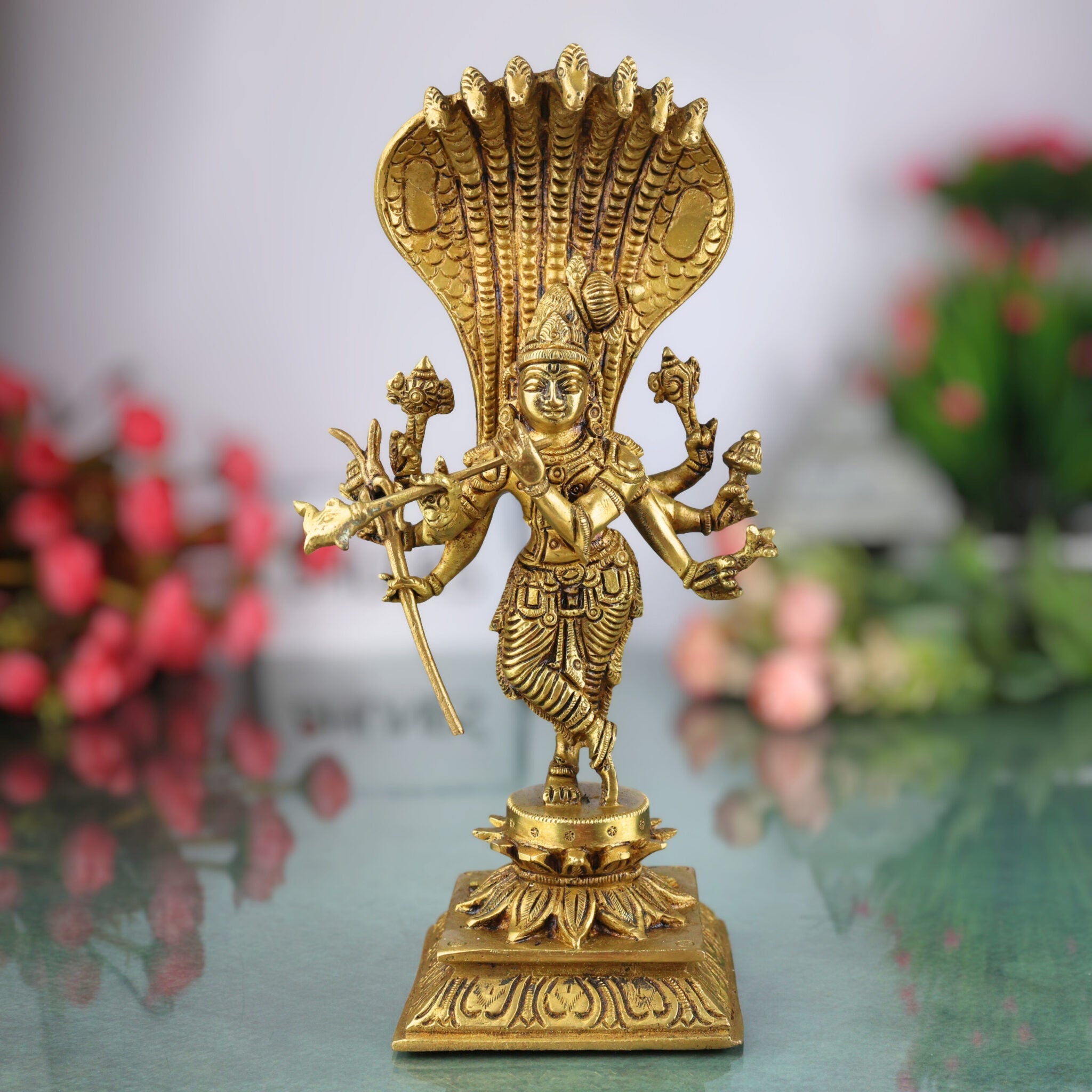 Brass Ashta Bhuja Krishna Idol with Naga Aura | Shree Krishna Murti, Kanha Moorti, Govinda Statue for Home Temple Pooja & Decor