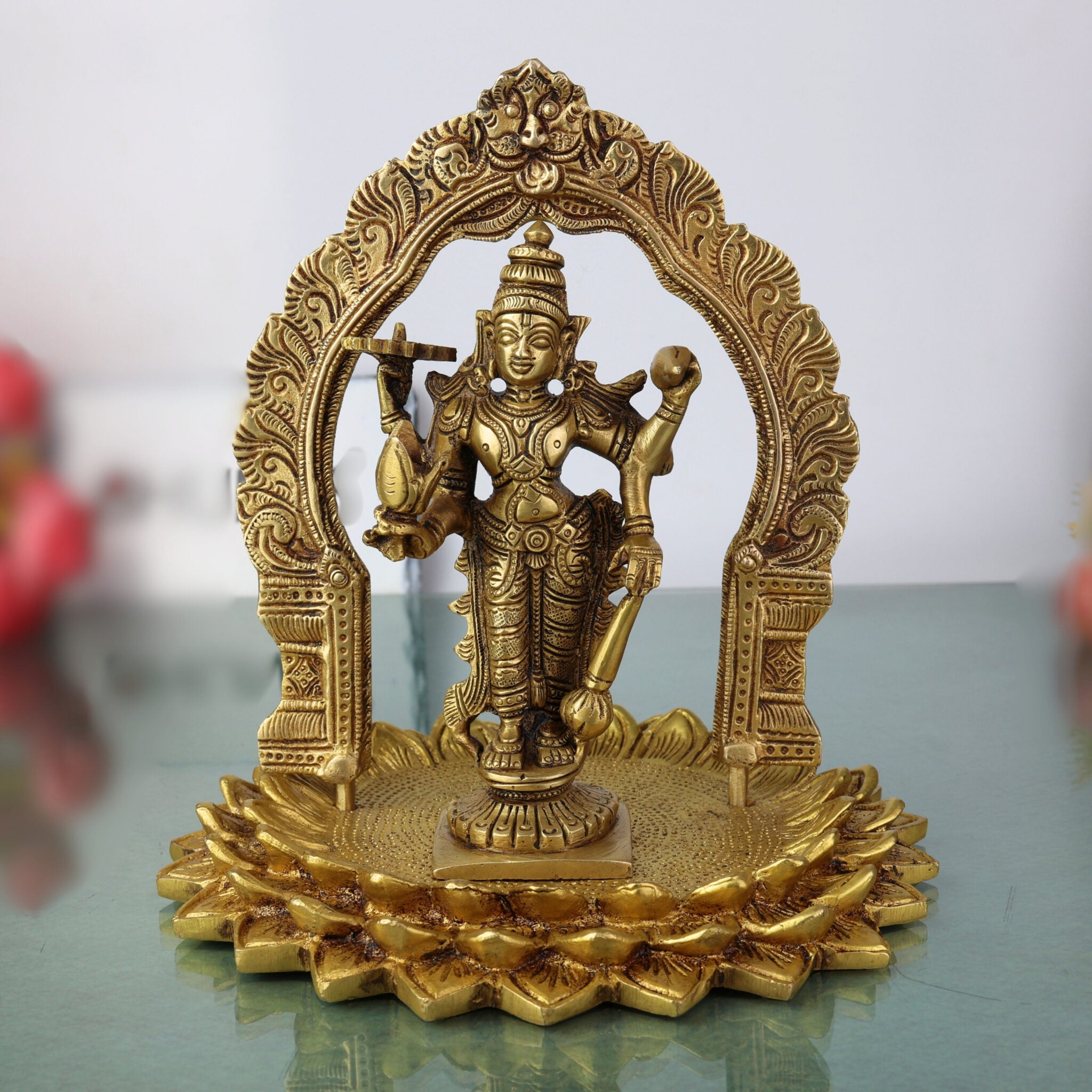 Brass Lord Bhagwan Vishnu Idol Standing On Lotus With Prabhavali, Narayana Murti, For Puja Room, Mandir Temple Home Décor Wedding Housewarming Gift Item
