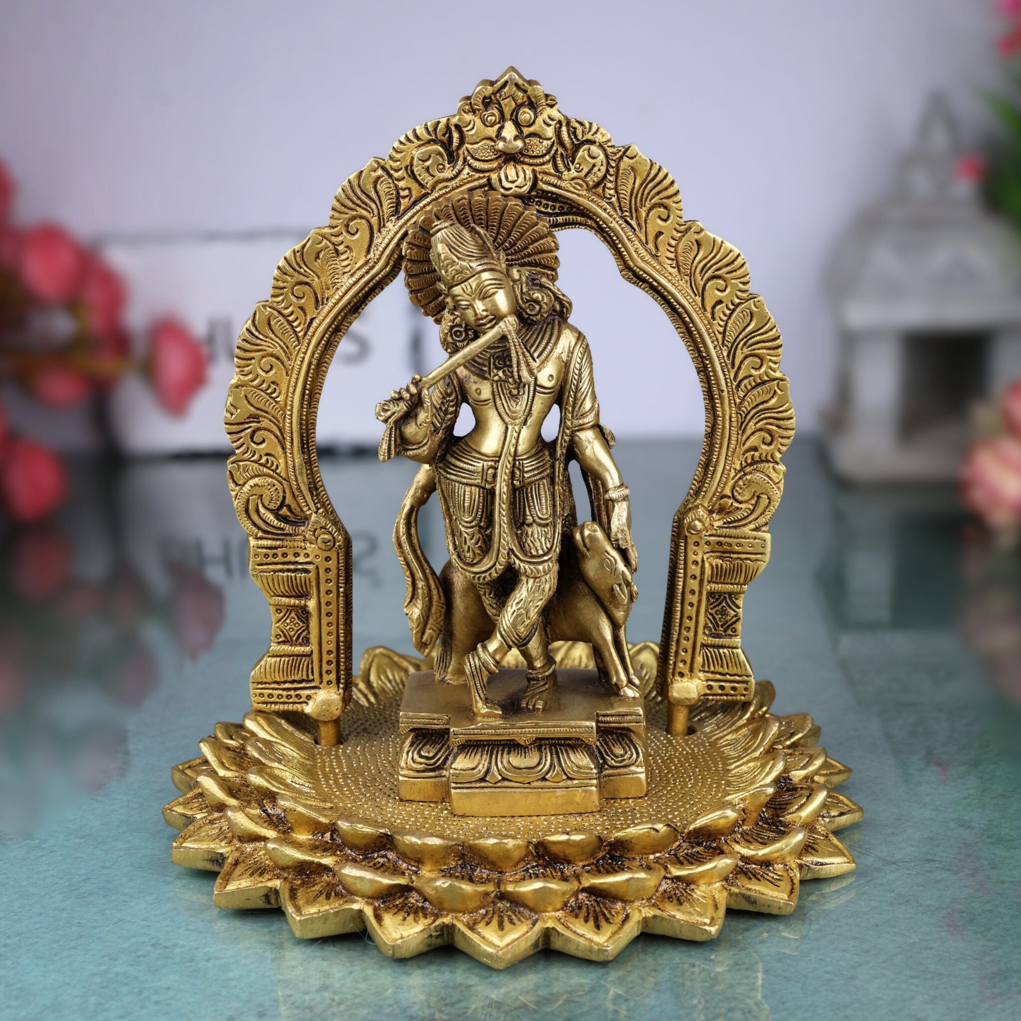 Brass Krishna Idol with Prabhavali on Lotus Chowki – Gopal, Balakrishna, Murli Manohar Murti for Pooja, Home Decor & Temple Statue