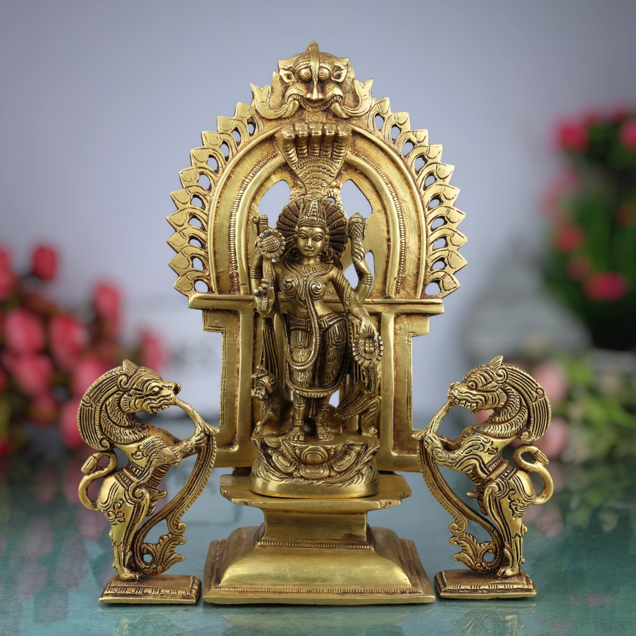 Brass Durga Devi Idol with Prabhavali & Lion Yali – Mahishasura Mardini | Simhavahini Shakti | Maa Bhavani Murti for Home, Temple & Pooja Decor