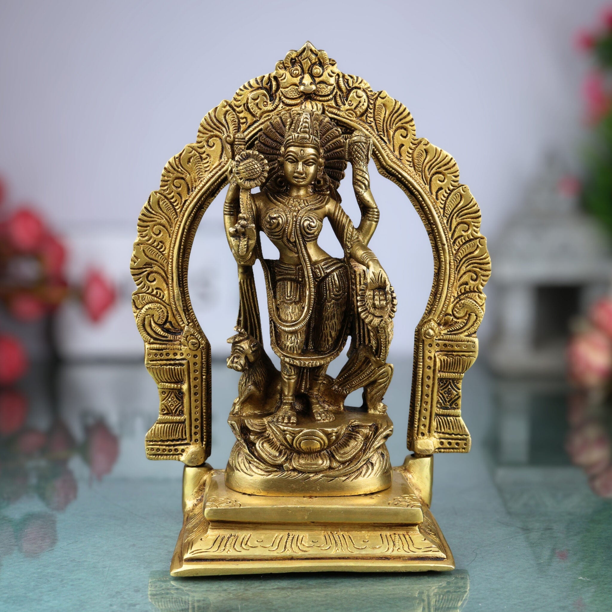Brass Durga Maa Idol | Sherawali Mata Statue | Handmade Devi Murti with Prabhavali & Base | Mahishasura Mardini Jagdamba Shakti Sculpture for Home Temple & Puja Decor