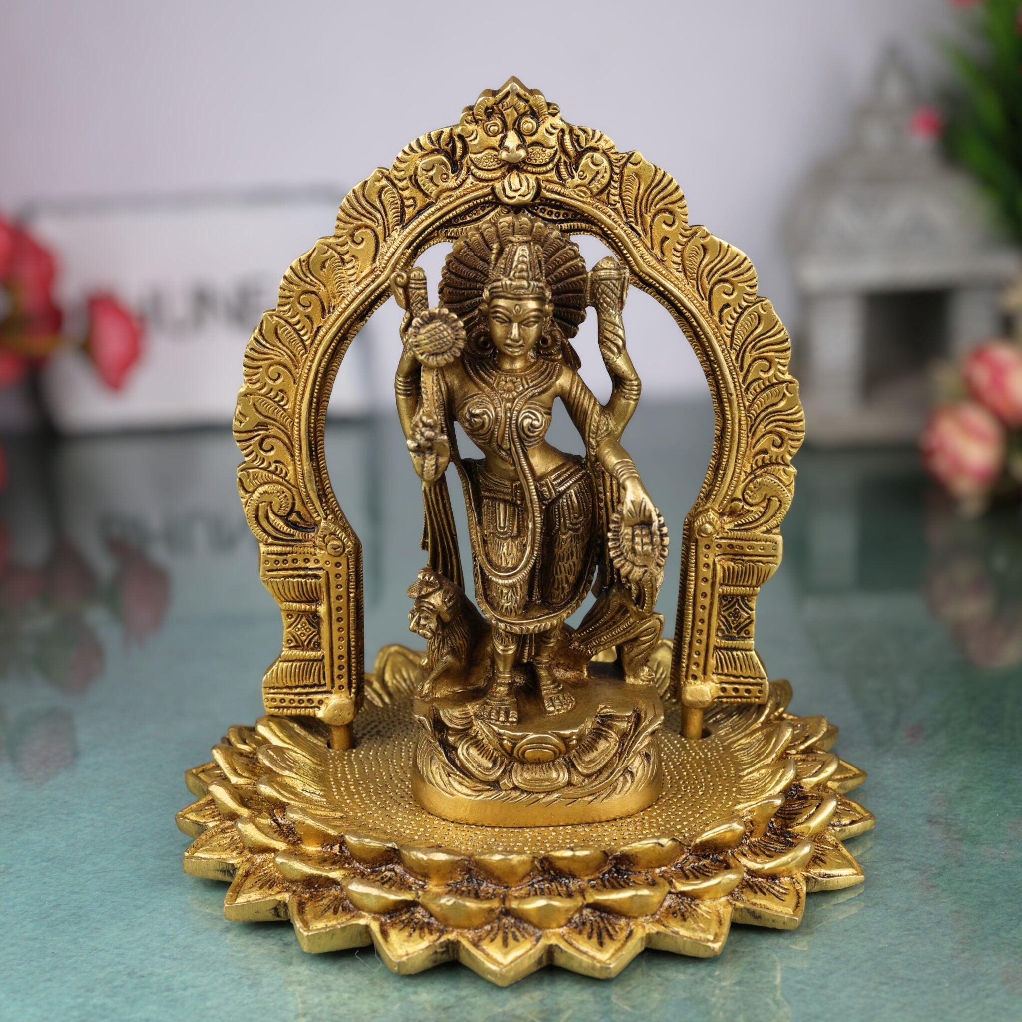 Handcrafted Brass Durga Devi Idol with Prabhavali – Mahishasura Mardini | Shakti | Chamundeshwari | Antique Finish for Pooja, Home Temple & Decor