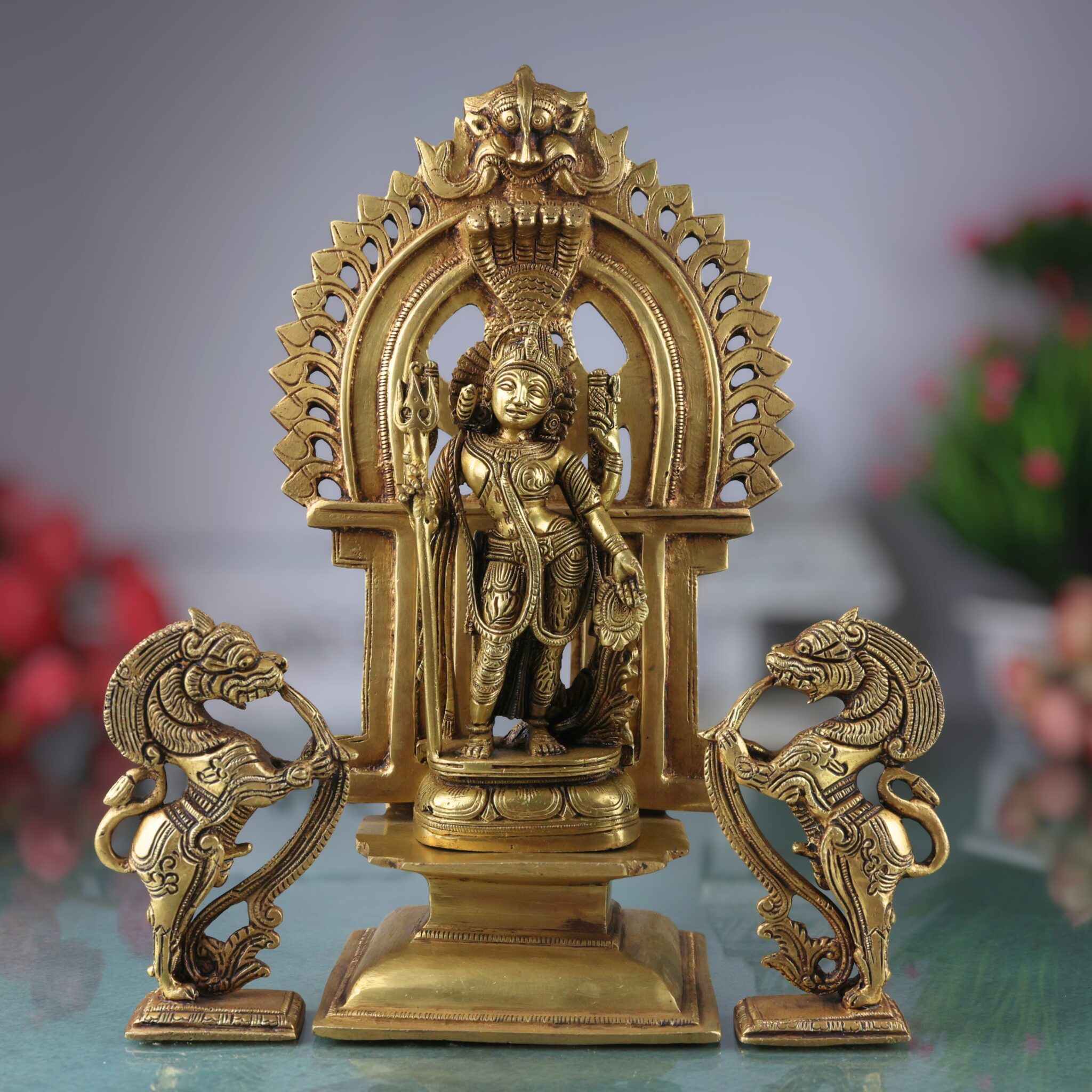 Brass Ardhanarishvara Idols With Two Yali And Prabhavali, Ardhnarishwar Statue, Ardhnari, Shiv Parvathi Murti, Lord Shiva And Parwathi Silai, Ardhanarishvara With Prabhavali
