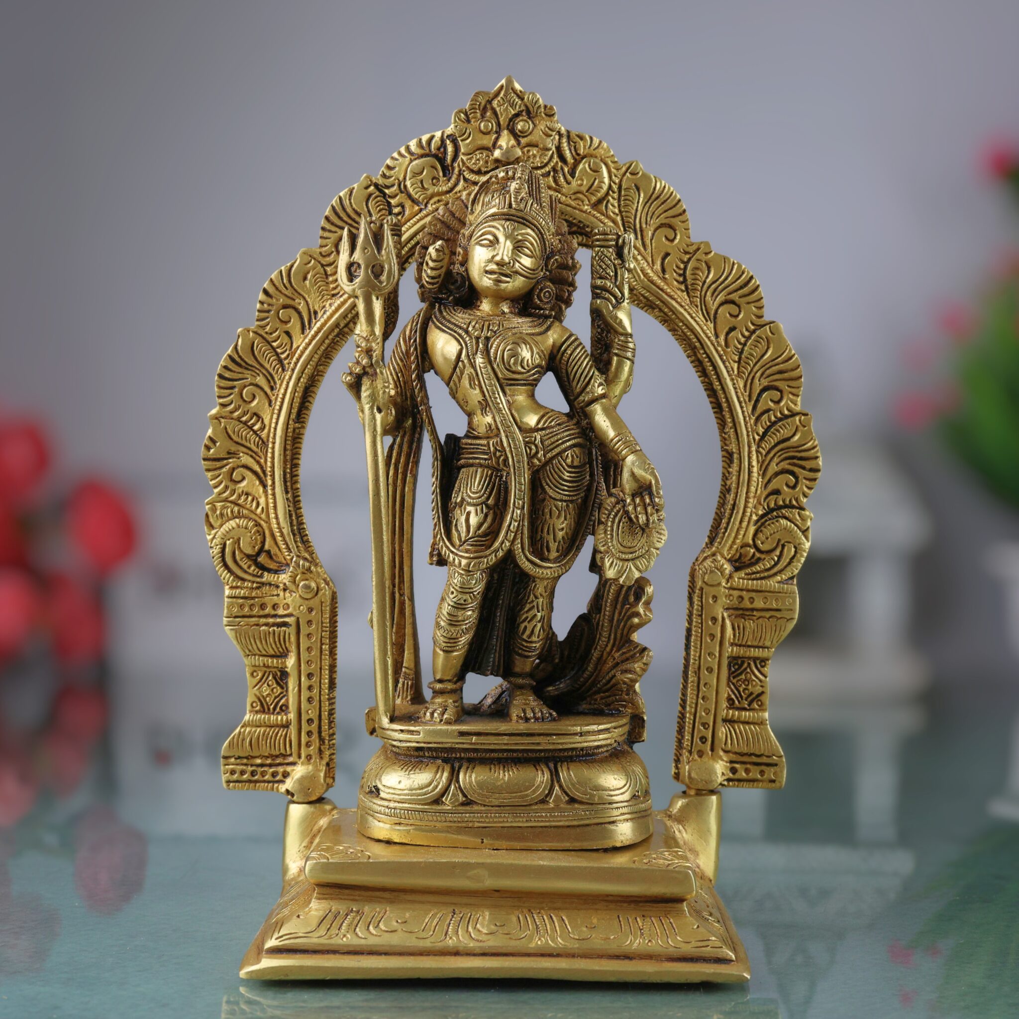 Brass Ardhanarishvara Statue with Prabhavali, Handmade Shiv Parvati Murti, Ideal for Home Decor and Pooja