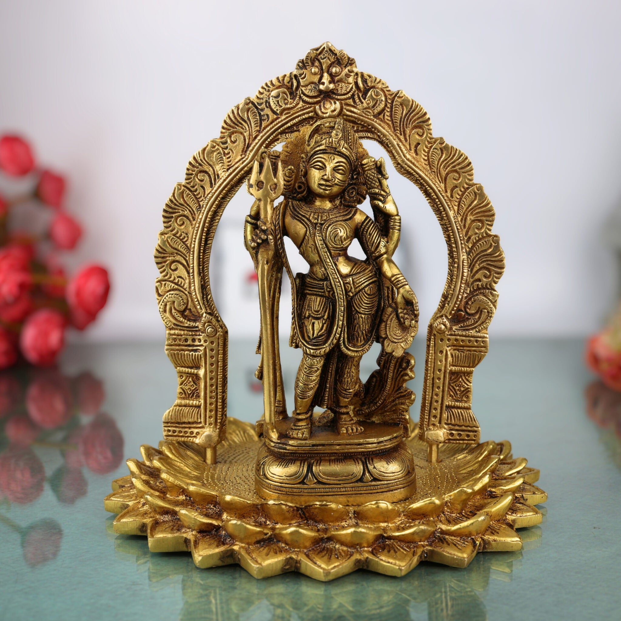 Brass Ardhanarishvara Statue on Lotus Chowki with Prabhavali, Divine Shiv Parvati Murti, Perfect Home Decor & Pooja Idol