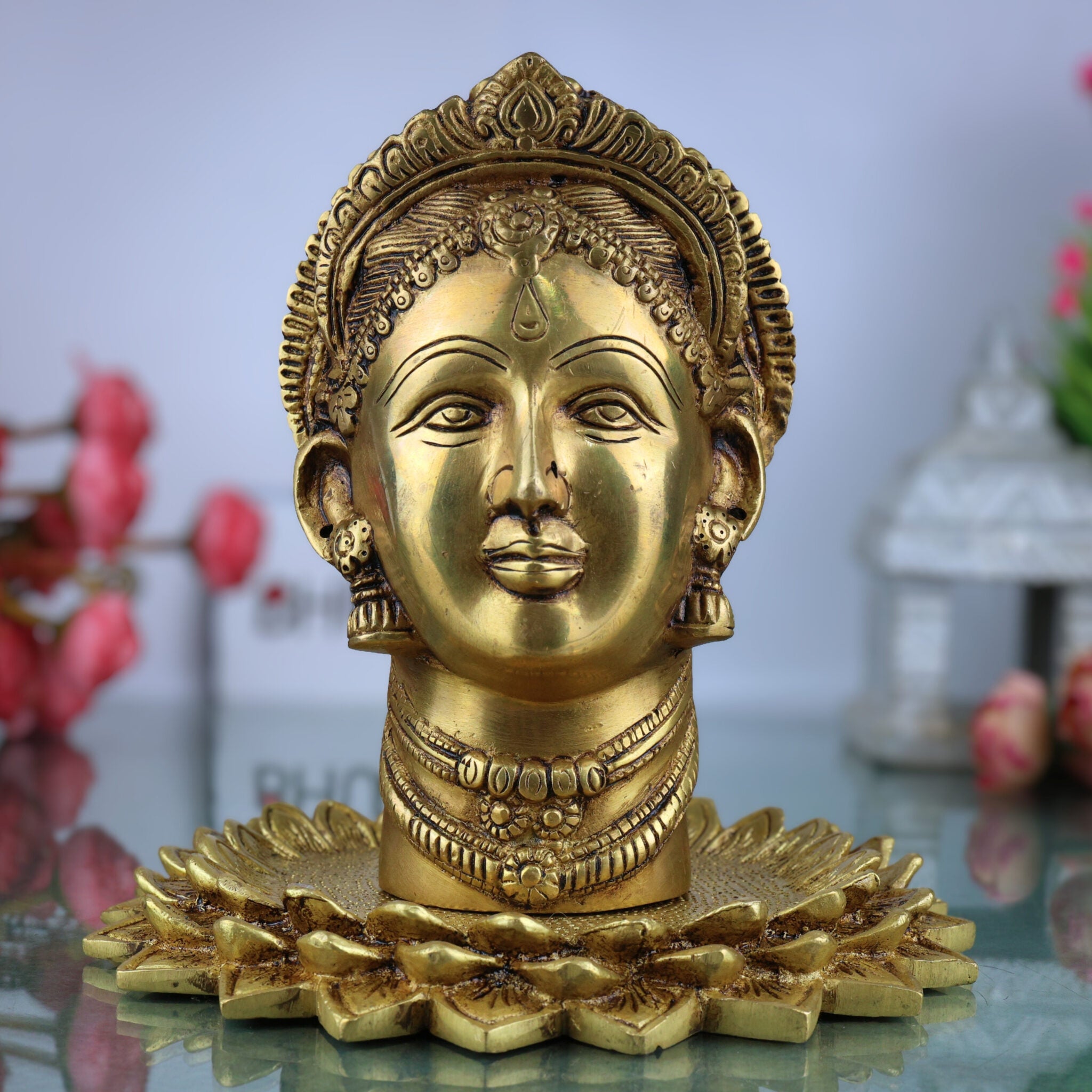 Handcrafted Brass Maha Lakshmi Face Idol on Lotus | Shree Kamala Devi Narayani Murti for Pooja, Home Temple & Decor