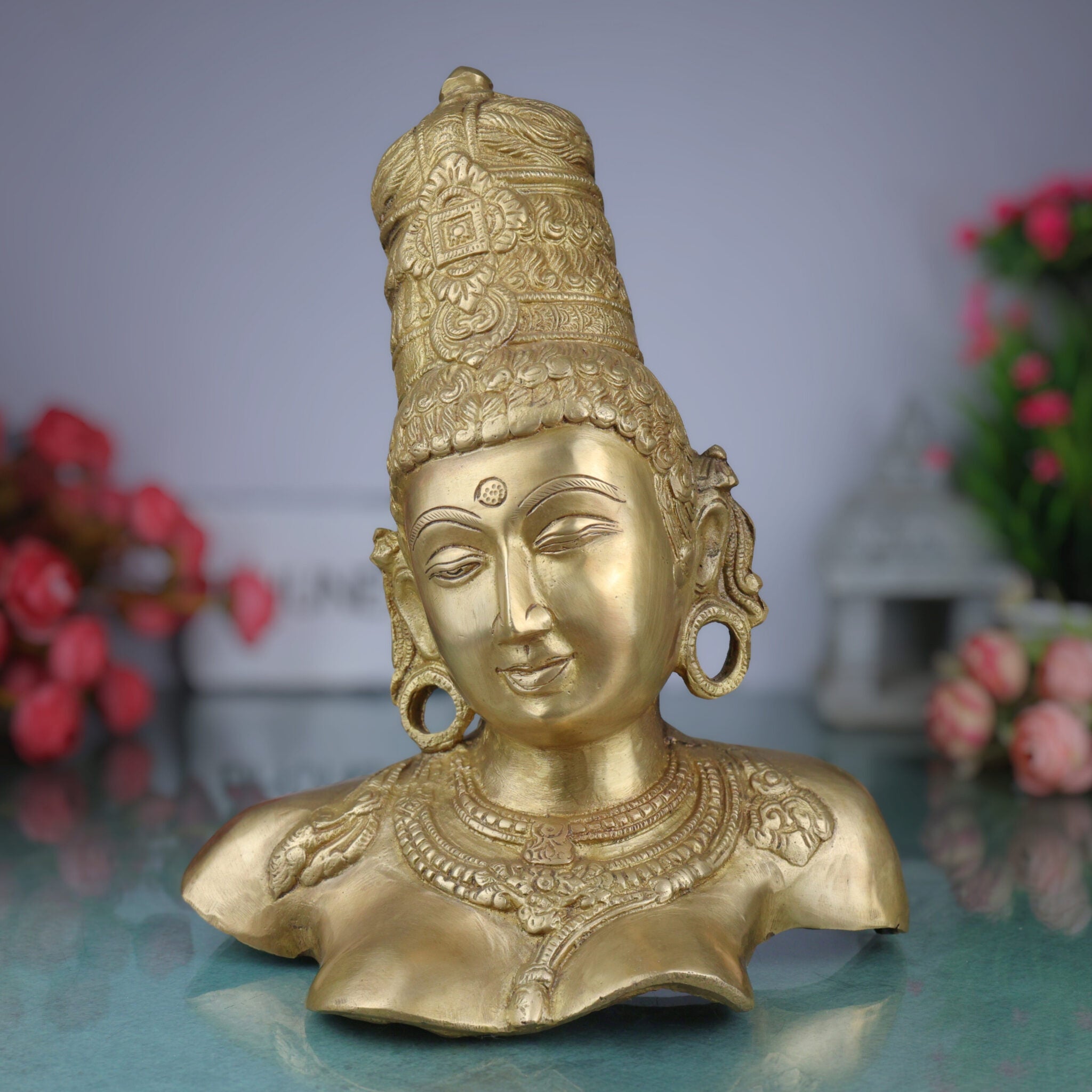Brass Parvati Head Idol – Shakti Gauri Uma Devi Face Murti | Handcrafted Pittal Moorthi for Home Temple, Puja, Decor & Gifts 