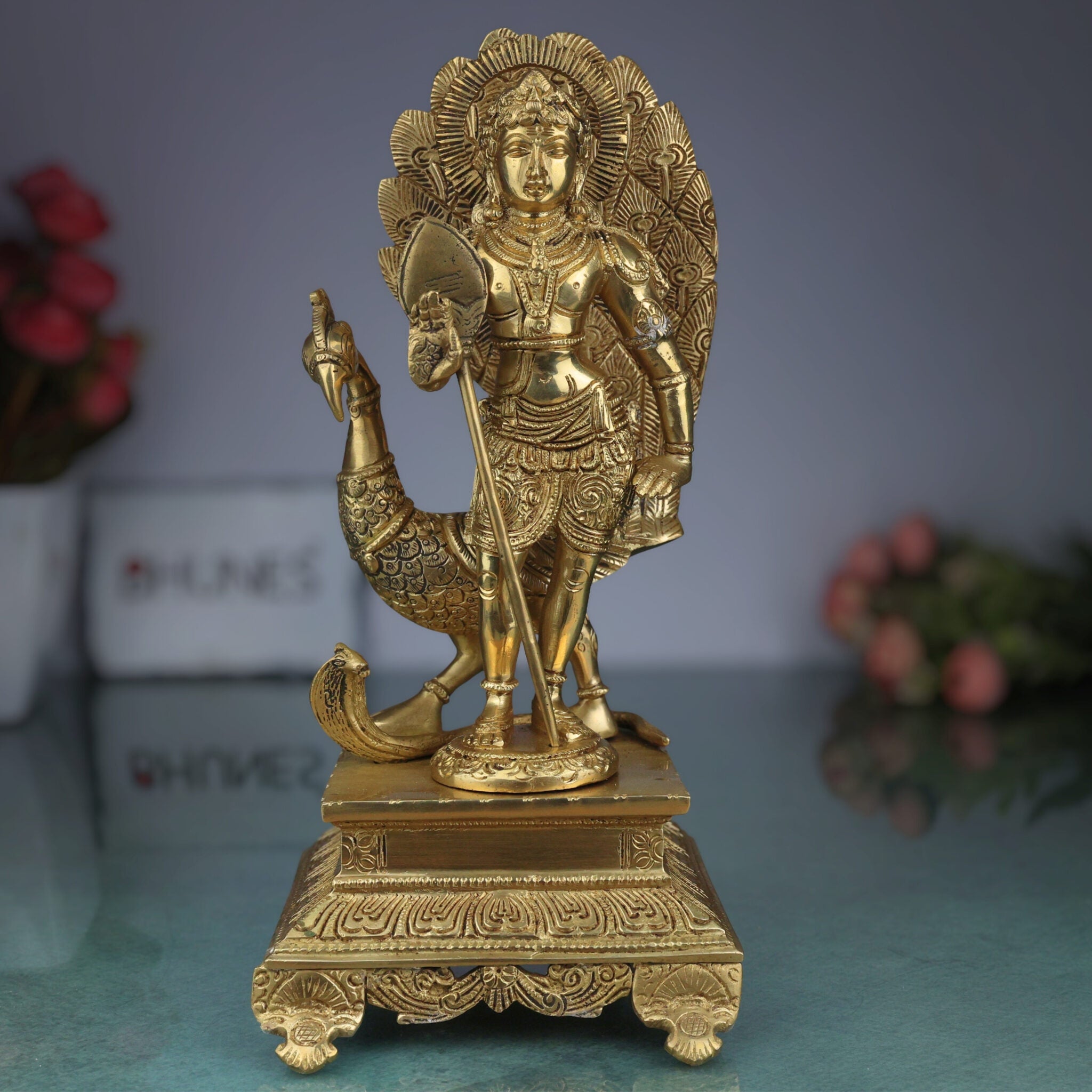 Brass Lord Murugan Idol with Peacock & Vel – Kartikeya Subramanya Skanda Shanmukha Statue for Pooja, Home Temple & Gifts