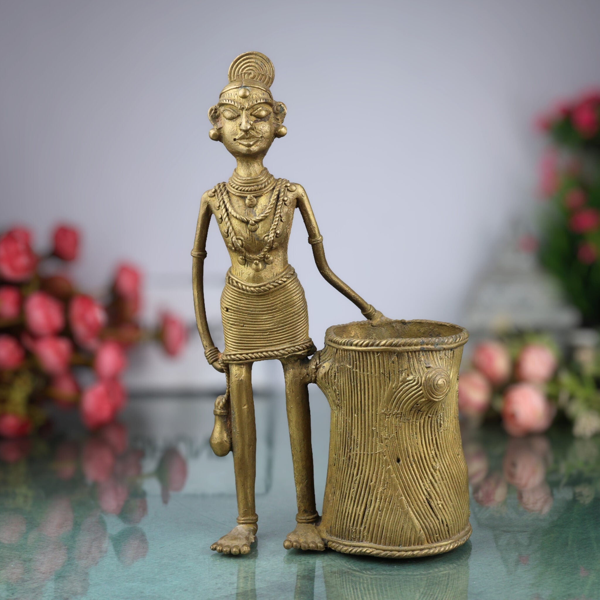 Brass Dogra Lady Pen Stand Tribal Art