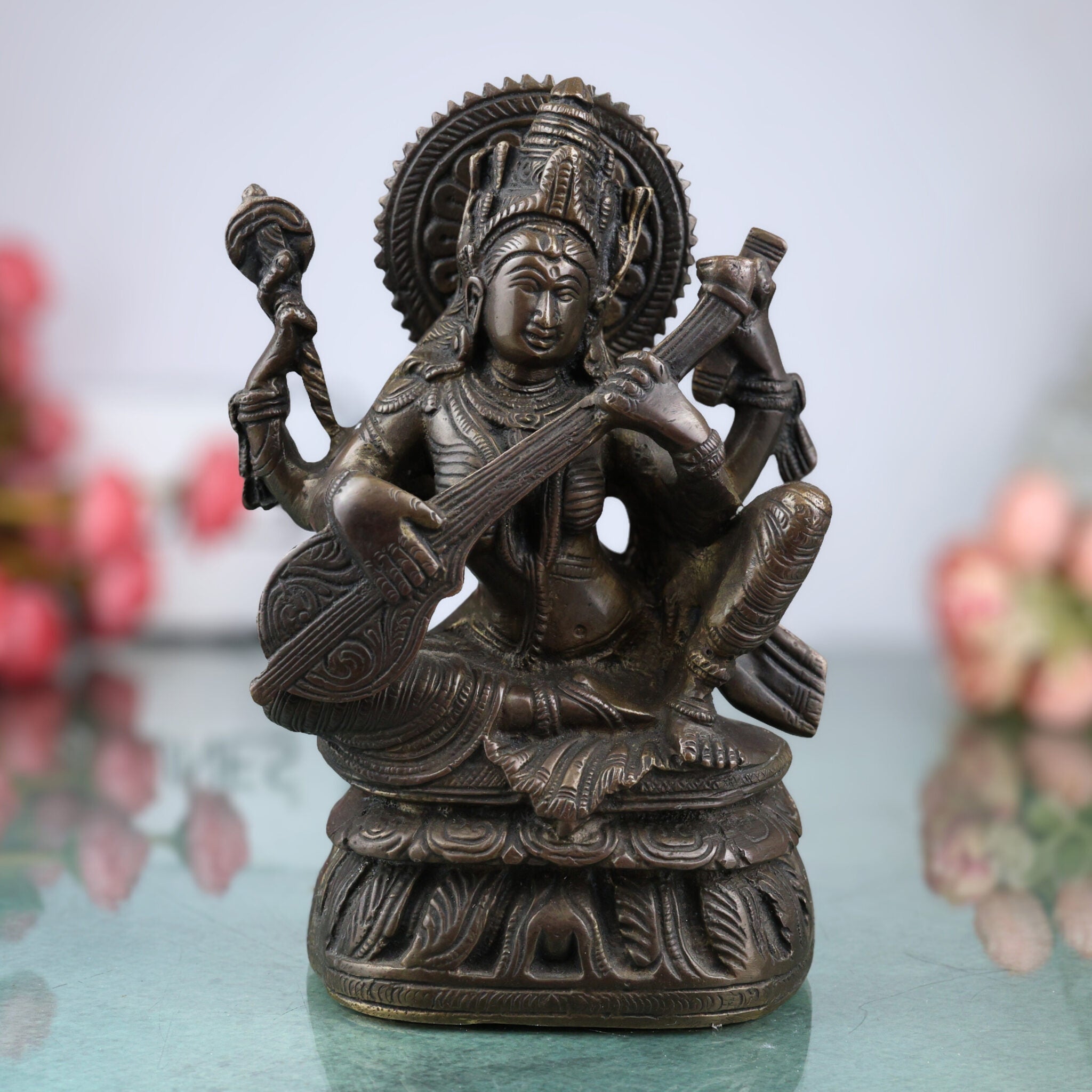 Brass Goddess Saraswati Idol, Sarasvati Silai, Vidya Devi Murti, Saraswathi Vigraha For Puja And Home Decor