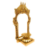 Brass Chowki with Prabhavali | Shinghashan with Arch | Peetha Singhasan Bajot for Temple Pooja Mandir Deity Stand, Gold, 10.5 Inch, 1 Piece