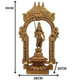 Brass Murugan Idol with Prabhavali, Kartikeya Subramanya Skanda Shanmuga Velan Statue for Home Temple, Pooja & Decor, Handcrafted Peetal Pital Subrahmanya Vigraham,Gold, 10.5 Inch, 1 Piece