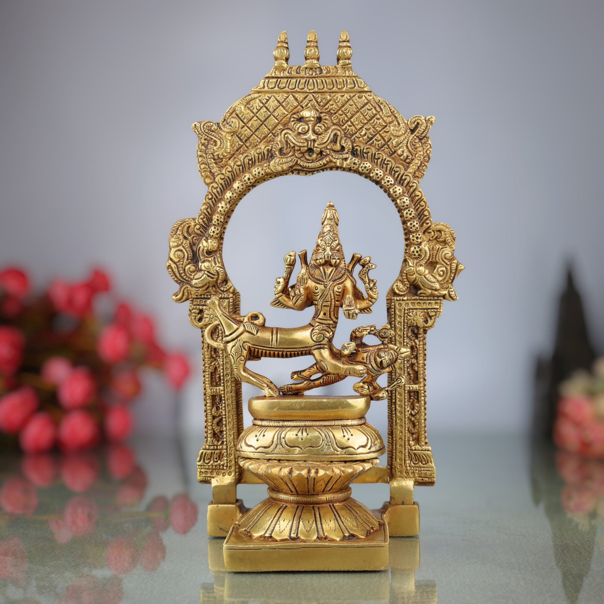 Brass Sharabha Swamy Idol with Temple Chowki & Prabhavali – Powerful Sharabeshwara Sculpture for Home, Pooja & Gifting