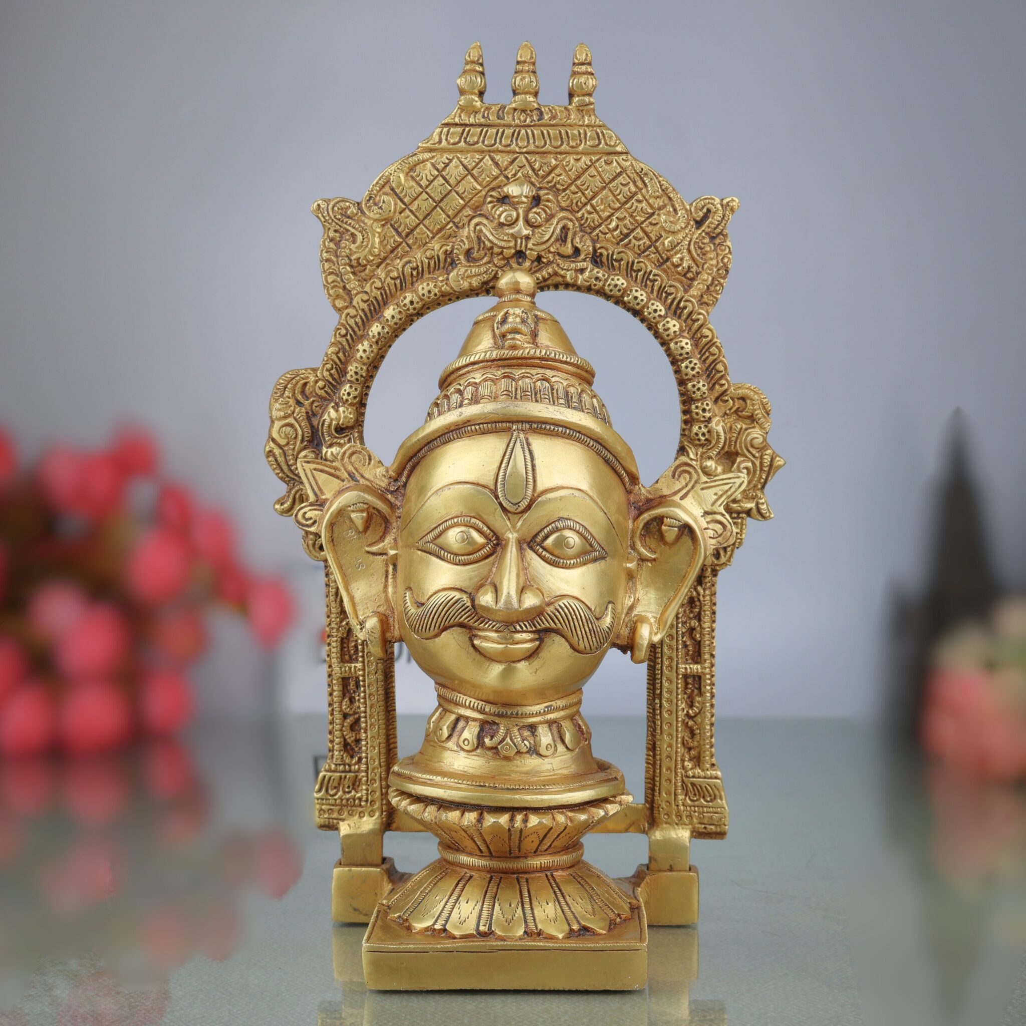 Brass Lord Siva Head, Shiva Face With Chowki And Prabhavali Murti For Temple/Home Decor