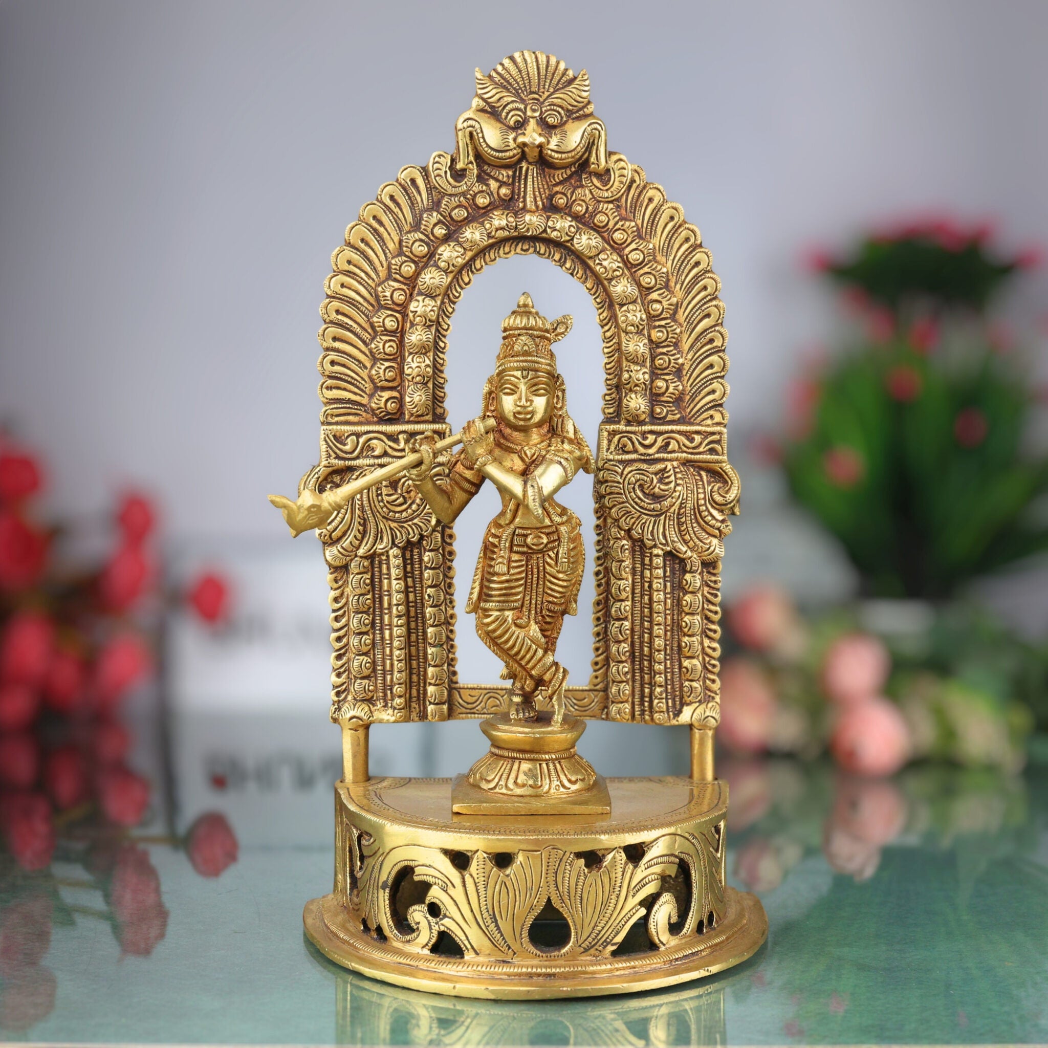 Handcrafted Brass Krishna Idol – Gopal, Govinda, Bal Gopal Murti with Prabhavali for Home, Temple, Pooja & Office Decor