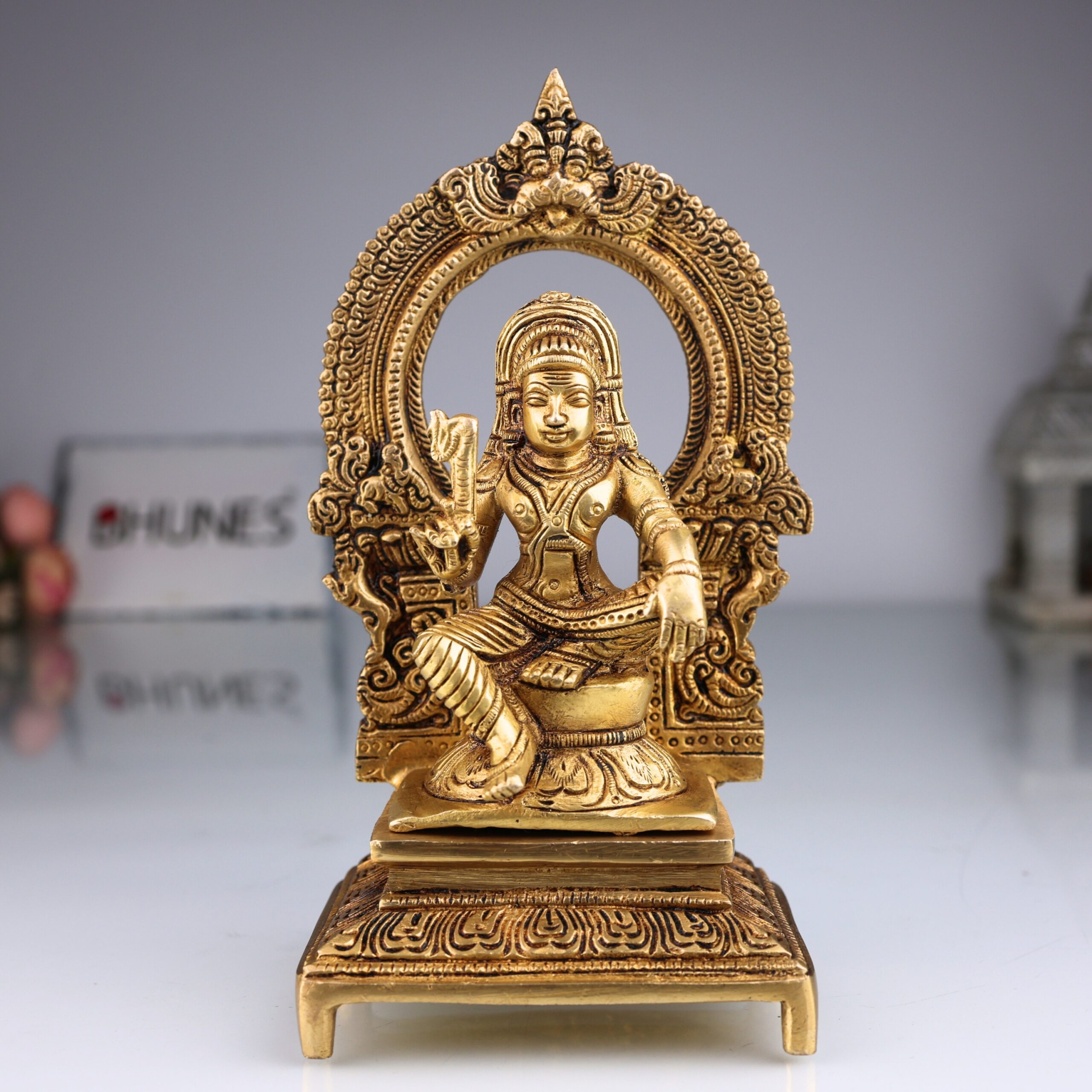 Brass Ayyanar Shasta Idol with Prabhavali & Peetam