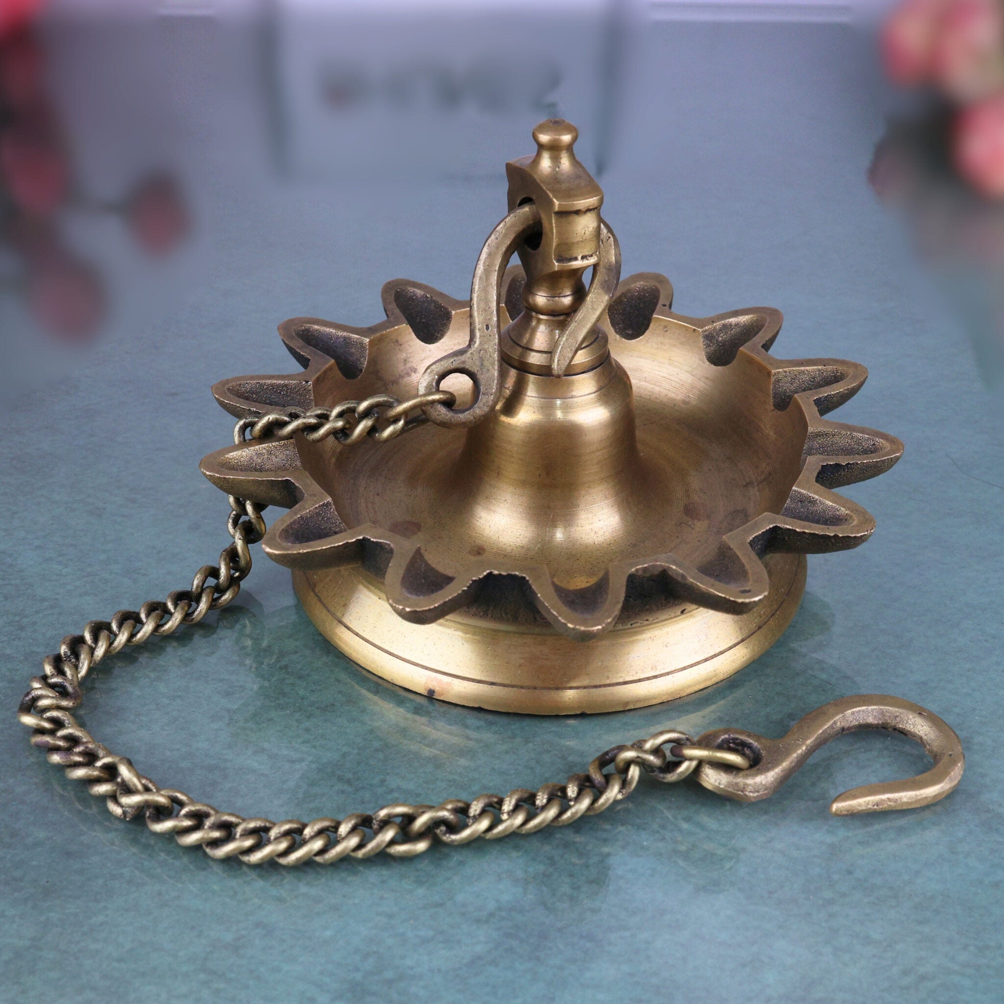 Brass Hanging Lamp, Diya, Lamps, Deep, Deepam For Home Décor With 14 Face