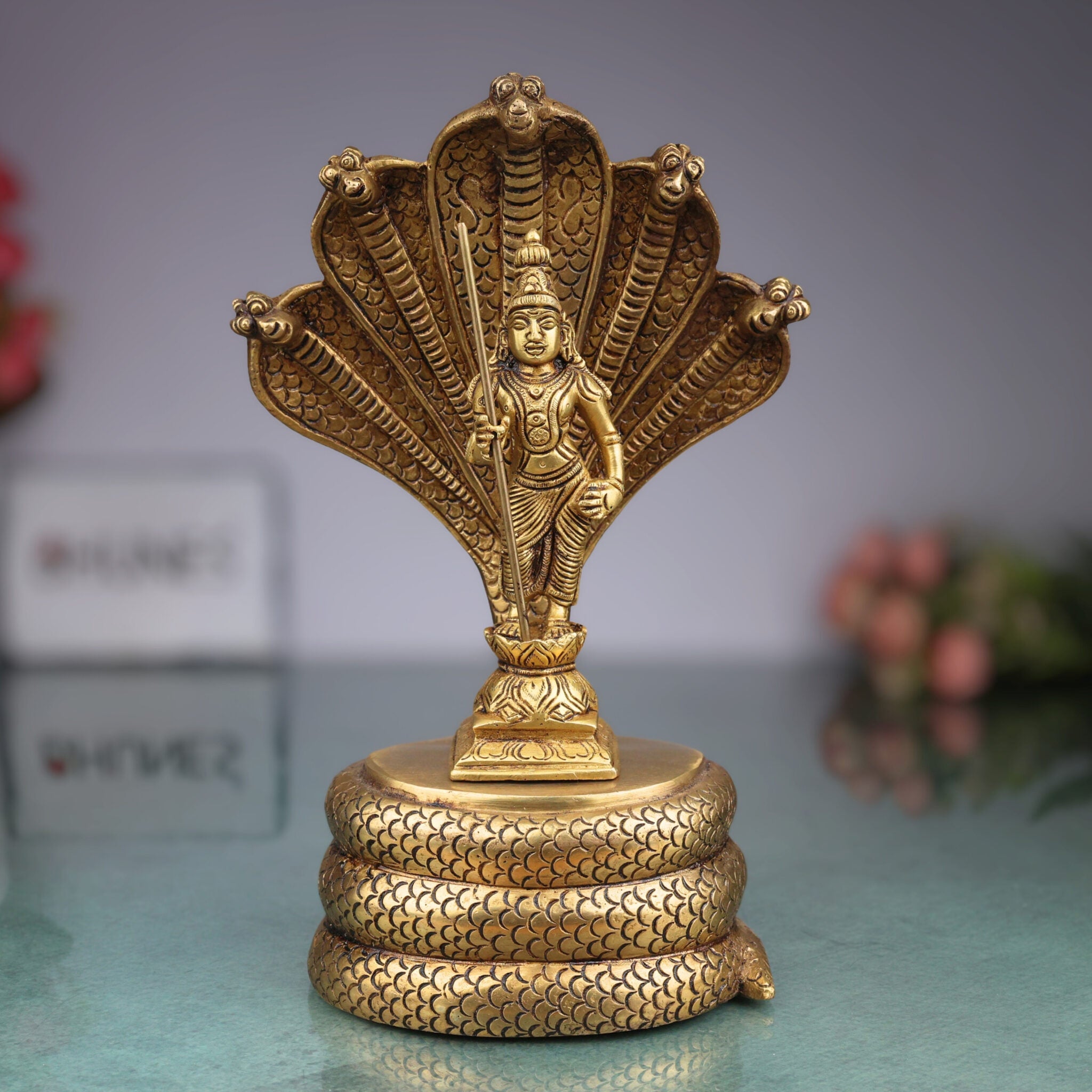 Handcrafted Brass Murugan with Sheshnag Idol – Lord Kartikeya | Skanda | Subramanya | Shanmukha Pital Statue for Home Temple Pooja & Gifts