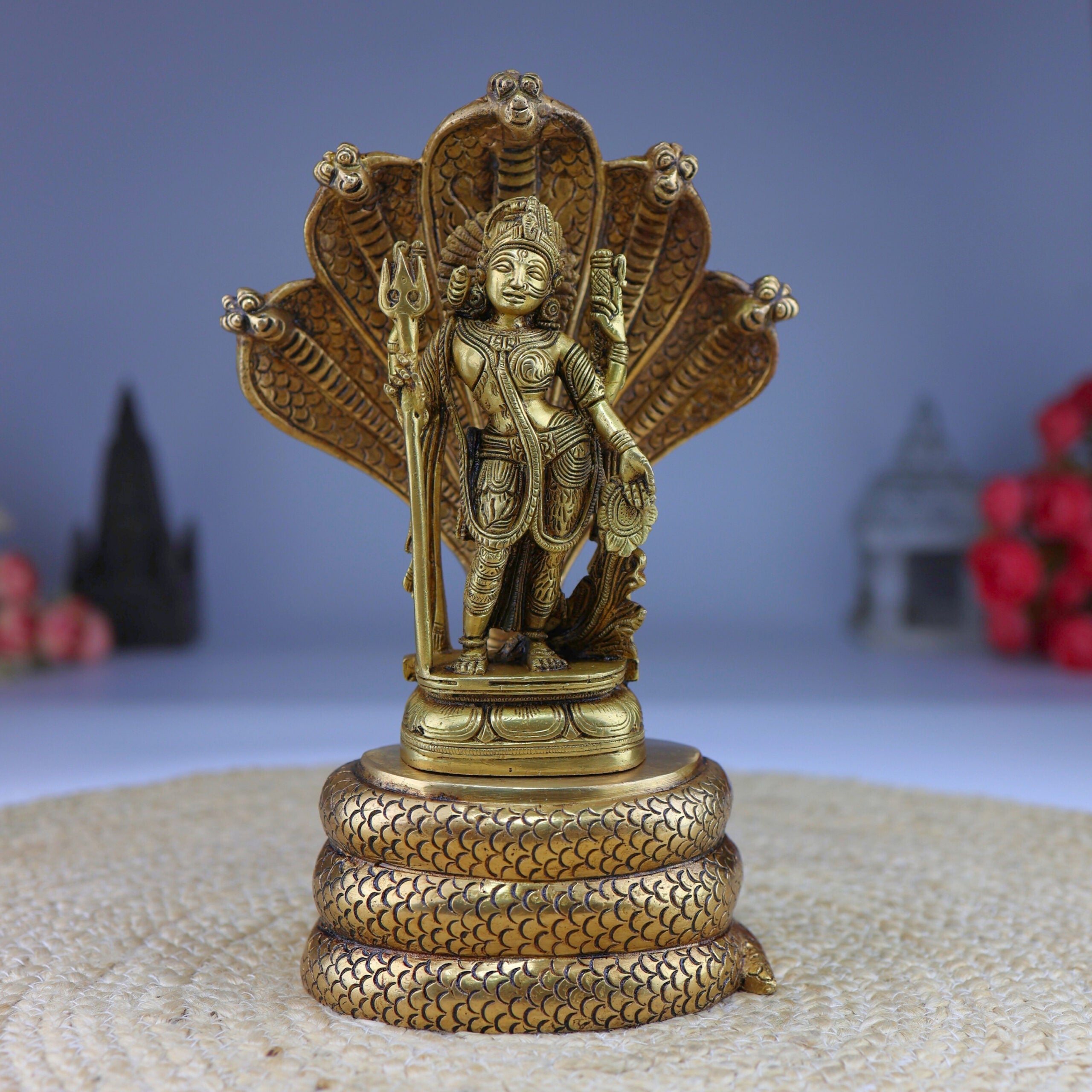 Brass Ardhanarishvara Idol On 5-Headed Sheshnag Chowki, Home Decor Statue, Perfect Ardhnarishwar/Ardhnari Murti