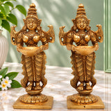 Brass Deep Lakshmi Idol, Standing Lakshmi with Lamps, Deeplakshmi Diya Lady Statue, Deepa Laxmi Figurine for Pooja and Decor, Gold, 6 Inch, 2 Piece