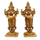 Brass Deep Lakshmi Idol, Standing Lakshmi with Lamps, Deeplakshmi Diya Lady Statue, Deepa Laxmi Figurine for Pooja and Decor, Gold, 6 Inch, 2 Piece