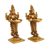 Brass Deep Lakshmi Idol, Standing Lakshmi with Lamps, Deeplakshmi Diya Lady Statue, Deepa Laxmi Figurine for Pooja and Decor, Gold, 6 Inch, 2 Piece