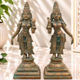 Handmade Panchaloha Sri Devi Bhu Devi Idols, Bronze Lakshmi Statue, Panchadhatu Goddess Sculpture for Pooja, Temple, Home Decor, Brown, 11.5 Inch, 1 Piece