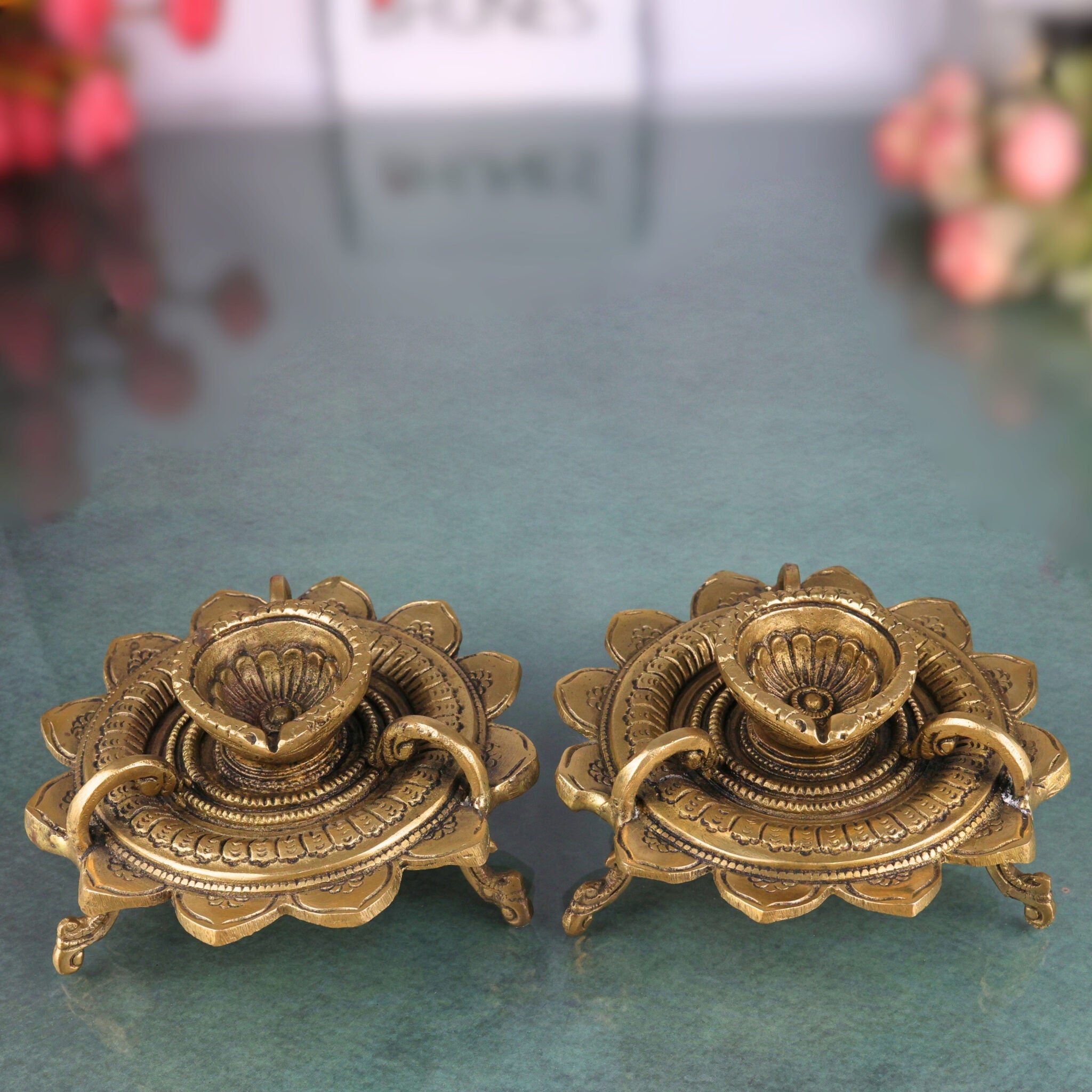 Brass Table Lamp, Pooja Deepam, Diya, Lamps, Deep, Deepa, Puja Deepak For Home Décor Set Of 2