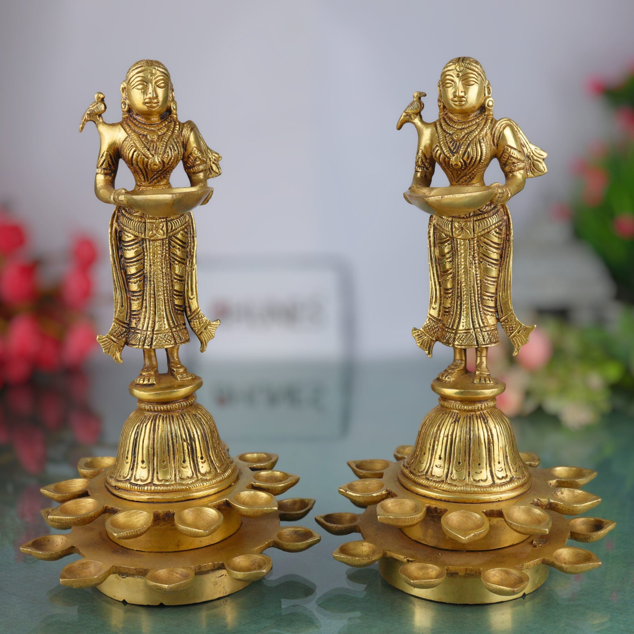 Brass Deep Lakshmi Idols With Mutiple Diya, Deepam Lady Brass, Depa Laxmi Lady Standing With Lamps, Deeplakshmi, Deep Laxmi Set Of 2