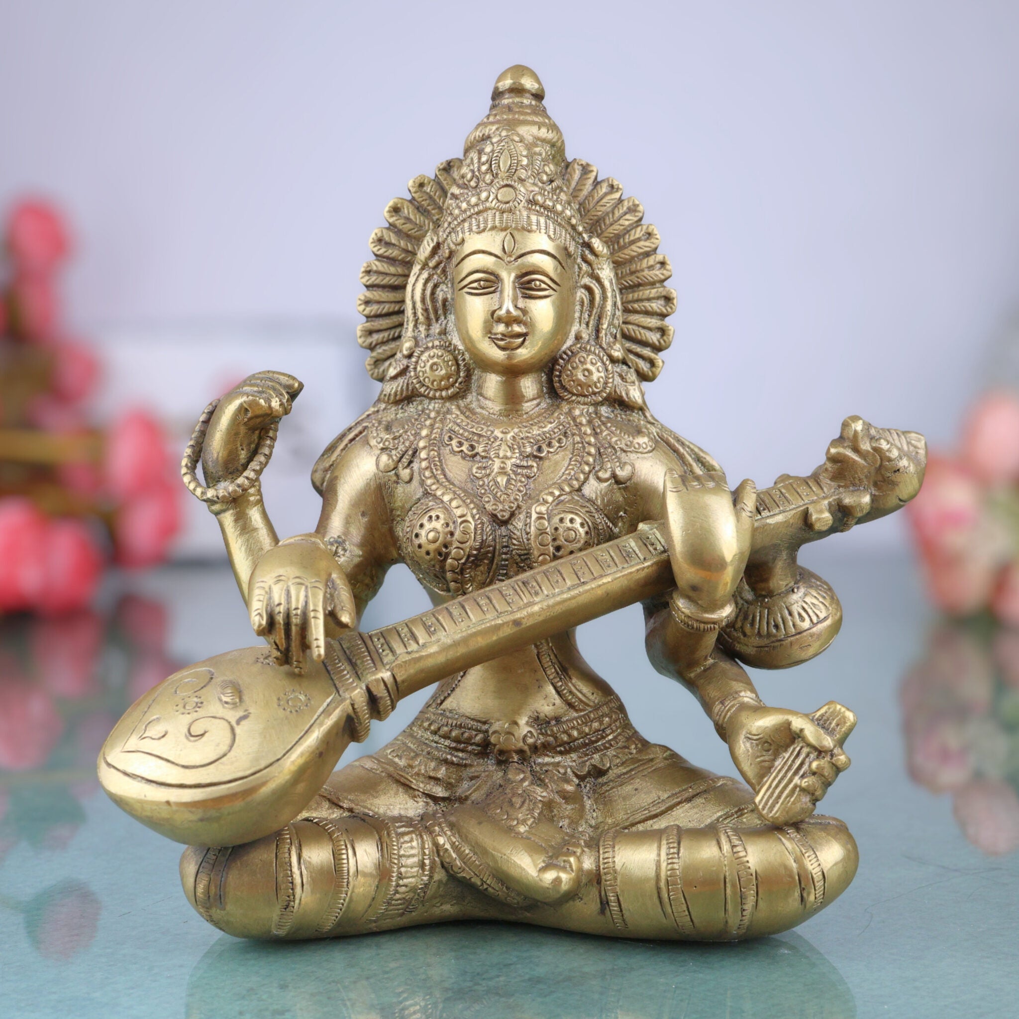 Brass Goddess Saraswati Idol, Sarasvati Statue, Vidya Devi Murti, Saraswathi Vigraha For Puja And Home Decor