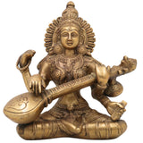 Brass Saraswati Idol, Peetal Vagdevi Sharada Devi Murti, Handmade Bharati Vani Statue for Pooja, Home & Temple Decor,Gold, 8.5 Inch, 1 Piece